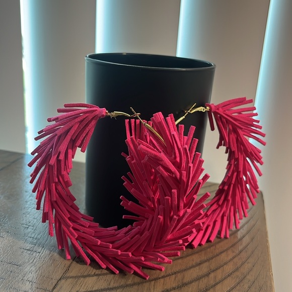 Hot Pink Hoop Fringe Earrings - Picture 3 of 4